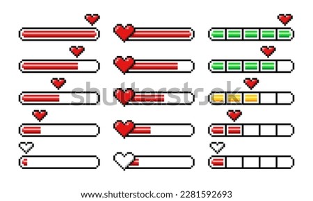 Pixel heart loading bars, 8 bit video game arcade assets and life status, vector props icons. Pixel heart loading progress bar with yellow half, green full and red empty load of life or energy meter