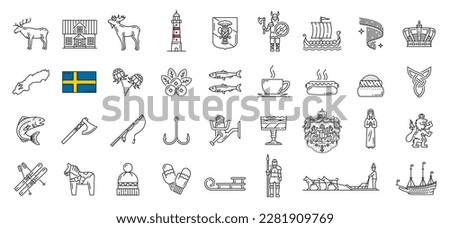 Sweden line, lineart, outline icons. Swedish history, food and landmarks symbols, European country travel pictograms, nature signs. Moose and deer, coat of arms, salmon and herring fish, viking ship