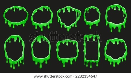 Green slime frames, cartoon vector set of borders with liquid toxic flows, dripping poison and viscous goo. Isolated round, square or rectangular frames with fluid mucus drops or sticky ooze splatters