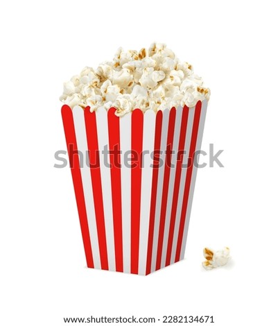 Striped popcorn box container. Isolated 3d vector bucket with pop corn realistic mock up. Square paper box with of white and red stripes and snack seeds. Popcorn snack for cinema or movie theater