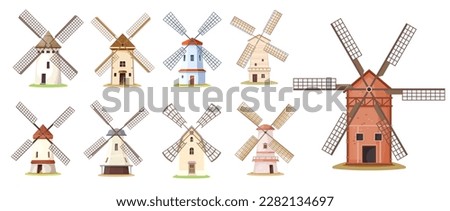 Cartoon wind mill buildings or windmill farm, isolated vector wooden or stone mills. Village and agriculture old windmill towers in rural country farm, Holland Dutch vintage wind mills with flour barn