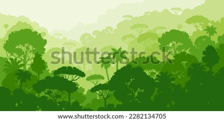 Jungle forest silhouette, tropical vector landscape with exotic flora, palm trees and hills. Rainforest vegetation, plants 2d cartoon wild forest natural parkland. Wildlife environment in green colors