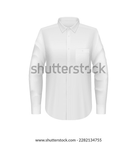White men shirt mockup, 3d vector male formal dress with long sleeves front view. Isolated vector fashioned tailored fit mock up with details, fabric texture, buttons, chest pocket, collar and cuffs