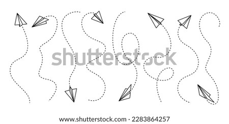 Paper aeroplane lines, plane fly or airplane on line, vector travel and air flight icons. Paper plane or aircraft on line path, aviation and flight travel trip planes on track trace flying in sky