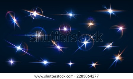 Sparkle flare and flash effects, glow lights. Vector set of shining stars or lens with rays. Warm and cold glowing twinkles at night sky or space. Flickering objects with beams and glint, glare