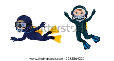 Cartoon divers, underwater scuba diving sport vector characters. Cute boy and girl diver personages swimming in deep ocean or sea waters with diving mask, helmet, wetsuits, flippers and gloves
