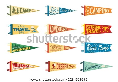 Camping pennant flags, camp and travel tourism pendants, vector banners. Summer forest or river camp flags of scout adventure club, mountain hiking travel and sea tourism and expedition