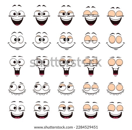Cartoon laugh or giggle face and blink eye animation sprite sheet with winking emoji or emoticon vector characters. Frame sequence of happy face personages with eye opening and closing animation steps