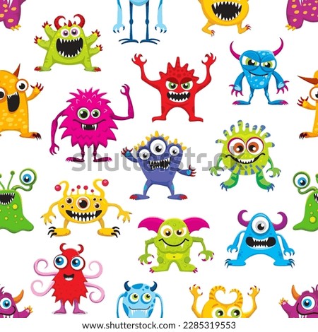 Cartoon monster characters seamless pattern and kids funny creatures vector background. Cute funny monsters and alien animal pattern of bizarre mutant, troll, yeti and goblins or cheerful gremlin