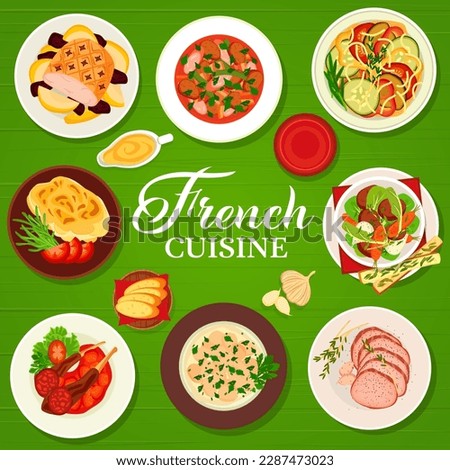 French cuisine restaurant food menu cover. Chicken fricassee, vegetable stew ratatouille and lamb cutlets, Dauphinois, beef stew Pot au Feu, lamb and ham stew, beef tenderloin, glazed roast pork