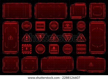 HUD danger and warning red interface frames, vector alert message boxes. HUD red frames and borders for warning attention, danger zone or damage error and attack for cyber UI virtual screen