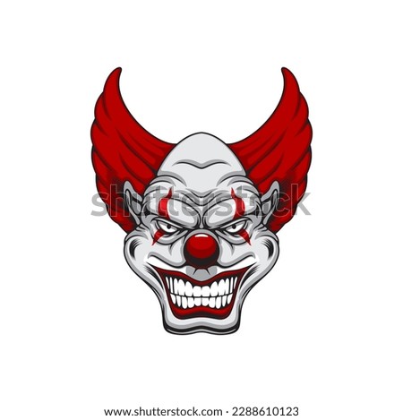 Scary clown face, cartoon creepy isolated vector Halloween character with red hair, lips and marks on eyes. Aggressive antihero personage with bared teeth and thin pupils Joker monster, evil funnyman