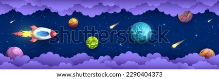 Space paper cut. Flying rocket in galaxy universe vector banner with cartoon planets, stars, comets and 3d layered origami borders of papercut clouds. Fantasy galaxy landscape for space travel themes