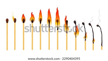 Burning match animation with fire flame burn sequence, vector cartoon wooden matchstick. Wood matches burning animated set of match stick ignite, burn and burnout smoke in sprite sheet animation