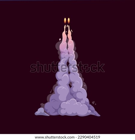 Cartoon rocket smoke trail. Vector contrail with fire and thick smog. Spacecraft startup, launch, shuttle take off in sky with flame and clouds. Isolated supersonic aviation or space engine flying up