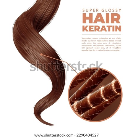 Hair care. Shampoo, moisture, keratin treatment ad banner of vector 3d healthy strong brown strand or lock with close up diagram of hair shaft structure with cuticle and magic glow shiny swirls