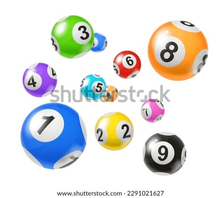 Bingo lottery balls, isolated 3d vector set of numbered spheres. Colorful flying lotto balls bounce and spin, dropping and falling randomly, bringing hopeful winning possibilities to lucky players