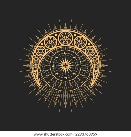Crescent, moon, stars and powerful cross esoteric occult symbol, magic tarot sign. Vector sacred cross in circle and solar with radiant rays. Religion spiritual amulet, tattoo design