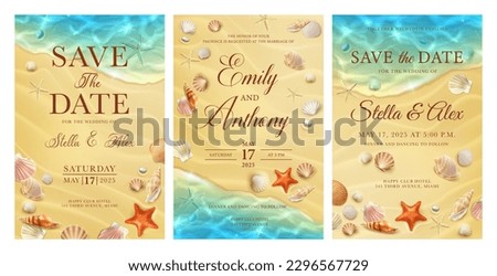 Wedding invitations. Realistic beach wave and seashells. Vector summer themed invite card templates with mollusk shells and starfish on sand near water edge. Marriage ceremony on tropical ocean shore