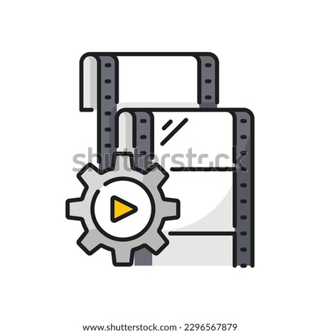 Movie film strip, video production icon. Cinematography art, video industry or movie studio outline vector sign. Filmmaking festival simple pictogram with film slide, gear cog wheel and play button