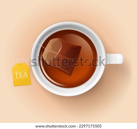 Isolated cup with tea bag. Top view white porcelain mug with hot drink. Cafe or restaurant, breakfast traditional herbal beverage realistic vector background with tea bag in cup