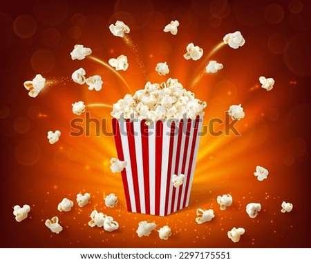 Flying popcorn kernels and striped box container. Cinema sweet meal, party fluffy dessert or takeaway sweetcorn vector background. Fast food salty snack realistic background with hot popcorn bucket