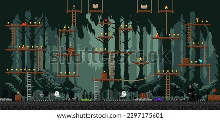 Night forest and cemetery game level map. Console gaming app level, mobile game vector environment landscape or videogame backdrop. Retro arcade screen with cemetery ghost, gravestone and wooden boxes