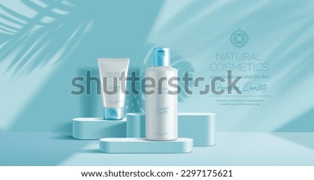 Blue podium mockup with cosmetics. Vector beauty product bottles on pedestal and palm leaves shadow on the wall. Promotional advertising banner with cream tube and shampoo packaging realistic mock up