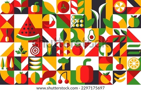 Fruits Bauhaus modern geometric pattern background, vector modern tile. Geometric shape fruits, plants and vegetables in Bauhaus pattern of watermelon, carrot and banana with orange and pepper