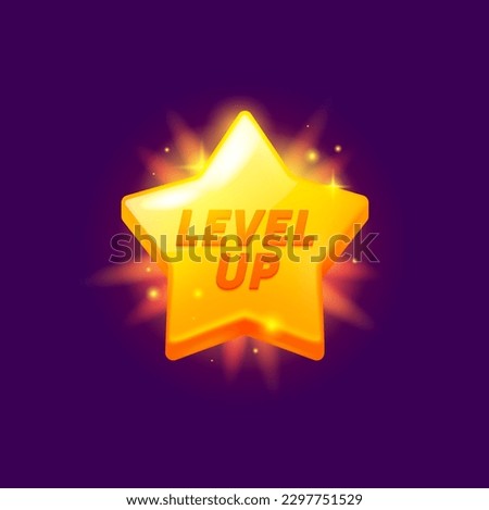 Game level up reward golden star rate icon. Casino achievement win sign, arcade task rank rank complete vector icon or gaming success award. Videogame victory celebration shiny star symbol