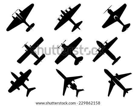 Black Vector Aircraft Silhouette Icons Showing A Range Of Fixed Wing ...