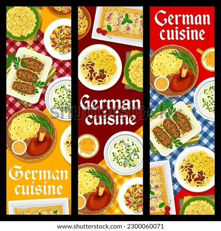 German cuisine restaurant food banners. Sauerkraut sausage stew, vegetable sausage and cheese salad, roasted ham hock, fish Eintopf, and pork mushroom rolls, pork ribs with potatoes, cherry strudel