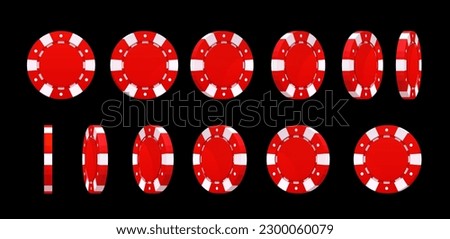 Casino poker chips animated rotation. Casino roulette, playing card or dice game 3d realistic vector item. Gambling red and white chips rotation and falling or turn animation sequence
