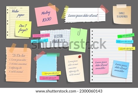 Paper notes, stickers, sticky sheets and tapes, vector notebook scrap memos. Torn paper tags on adhesive tape, message card frames and copybook page notes for memos on sticky notepaper and pins