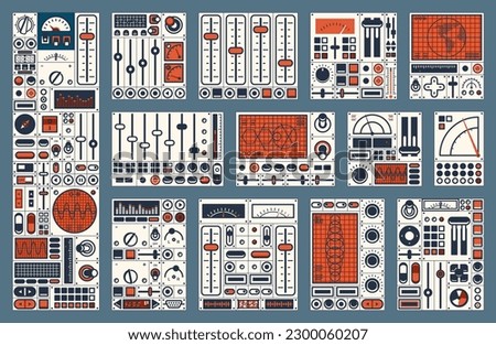 Retro dashboard. Control panel dial, switch, knob, buttons. Spaceship console with old computer screens, vector ship instrument panel or airplane cockpit with displays and gauges, indicators, levers