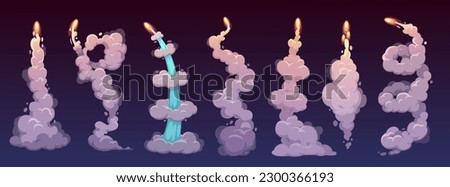 Cartoon rocket smoke trails with vector fire and clouds. Space rocket, spaceship or shuttle launch speed motion effects with steam or condensate vapors, boost contrails and exhaust tracks
