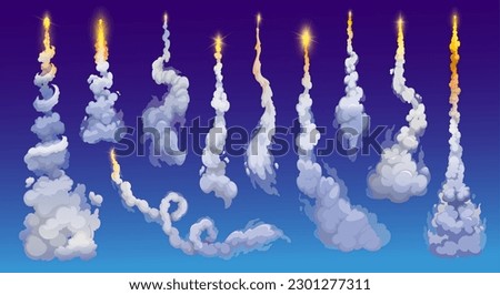 Cartoon rocket smoke trails, spaceship launch fire tail with clouds, vector spaceflight effects. Space rocket start up fire and smoke trails of galaxy shuttle or spacecraft engine and missile blast