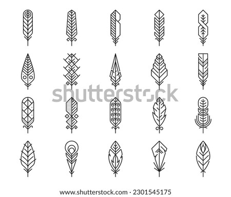 Feather line icons, plume light feathers or lightweight smooth quills, vector symbols. Bird feather outline icons in thin line art, bird quill with geometric ornament pattern or ethnic Boho decoration