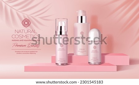 Pink podium with body cosmetics, product display with palm leaves, vector background. Pink podium with cosmetic bottles of cream moisturizer and body lotion or makeup on premium luxury product display