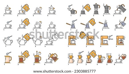 Make tea and coffee brew, preparation instruction. Tea bag and fresh coffee drink brewing step by step vector instruction with espresso machine, filter, french press and moka, cezve outline pictograms