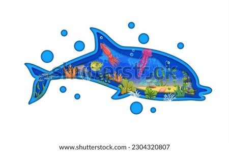 Dolphin paper cut silhouette and cartoon sea underwater landscape with vector fish and seaweeds. Double exposition ocean bottom with blue water waves, jellyfish, squid, puffer fish, corals and bubbles