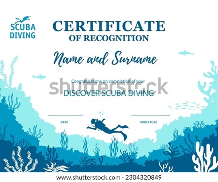 Diver certificate, diving club diploma template. Diving sport competition winning diploma, profession graduation or qualification achievement vector certificate with seaweed silhouette on ocean bottom