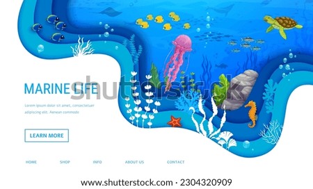 Landing page cartoon sea turtle, jellyfish and tropical fish shoal on paper cut underwater landscape with coral reef and seaweed plants in ocean depth. Vector web banner featuring marine undersea life