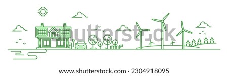 Eco city landscape, vector green energy, ecology and environment. Thin line building of village house with green trees, solar panels on roof and electric car with charger, wind turbine and clear sky