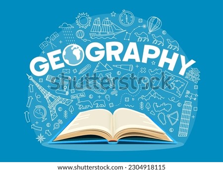 Geography textbook, outline science symbols on school board. Vector scientific educational background with open book and thin line signs of world landmarks, lands and oceans, globe, compass or map