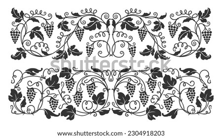 Grape vine ornament, wine border, vineyard branch pattern. Vector vintage decor with grapevine. monochrome sophisticated decorative print grapes bunches with leaves and berries retro victorian frame