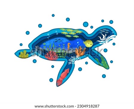 Cartoon sea turtle paper cut silhouette with underwater landscape of vector tropical fish, seahorse, squid and puffer. Ocean coral reef bottom with blue water waves and seaweeds, double exposition