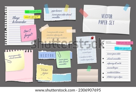 Paper notes, stickers, sticky sheets and tape. To do list empty paper pieces, reminder memo note torn sticker or business task planner colorful realistic vector sticky sheets with pins, paper clip