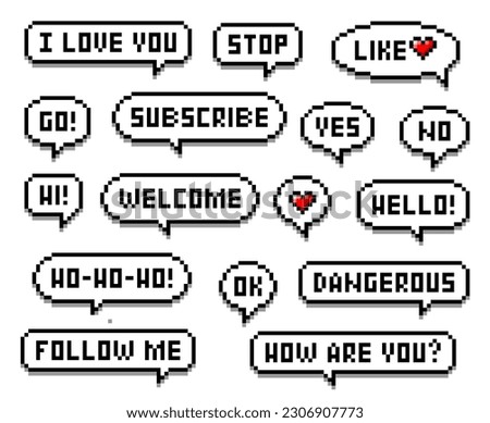 Pixel speech bubble messages. Like, subscribe, follow social media web interface buttons or banners, 8bit game arcade GUI speech bubble or dialogue balloon pixelated vector icons or pictograms set