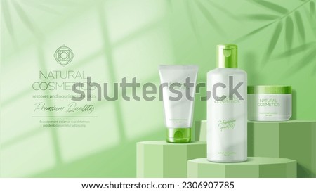 Green podium mockup with cosmetics, window shadow and bamboo leaves. Shampoo, skincare lotion or cream presentation showcase, luxury cosmetics package promotion platform realistic vector composition